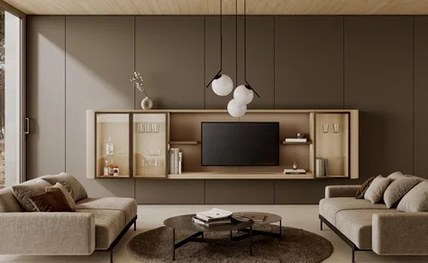 Wohnbereich mit Sideboard, TV-Wand und Sitzgruppe
