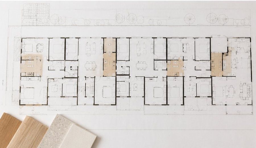Grundriss eines Wohnprojekts mit mehreren markierten Küchen und Materialmustern